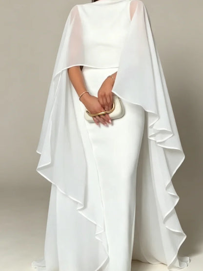 Sheer Cape Round Neck Maxi Dress For Woman Open Back Solid Plain Design Skirt Elegant Wedding Formal Evening Female Long Robes