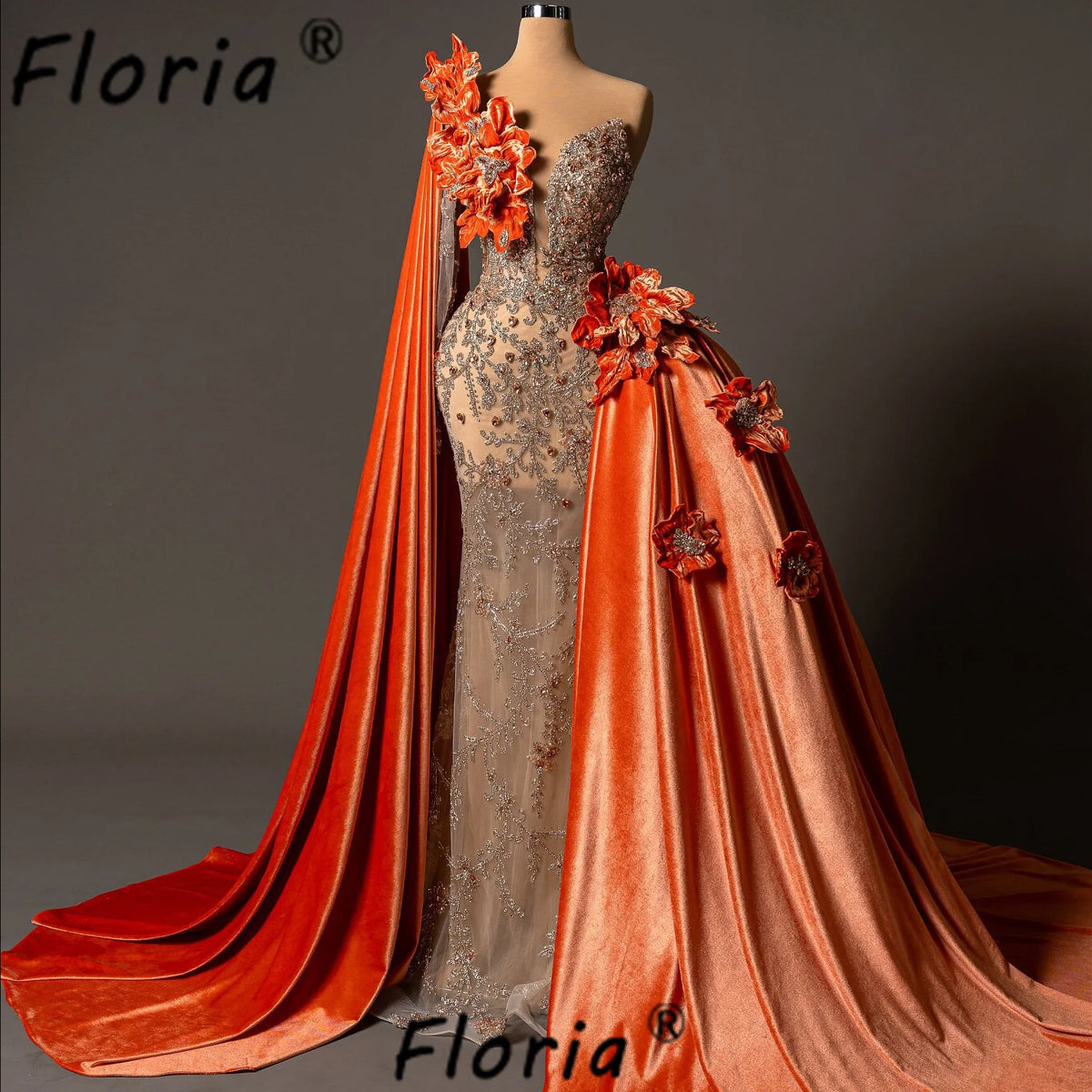 Luxury Orange Wedding Dress Beads Crystal Appliques 3D Velvet Mermaid Bride Party Gown Customized African Woman Vestidos de Gala