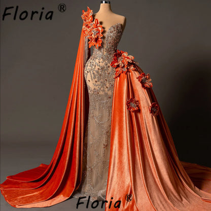Luxury Orange Wedding Dress Beads Crystal Appliques 3D Velvet Mermaid Bride Party Gown Customized African Woman Vestidos de Gala