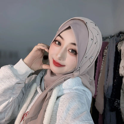 Malay Solid Chiffon Turban Head Scarf for Women, Irregular Rhinestone Hotfix Wrapped L-Edge Pull-On Scarf,Soft Muslim Hijab Wrap