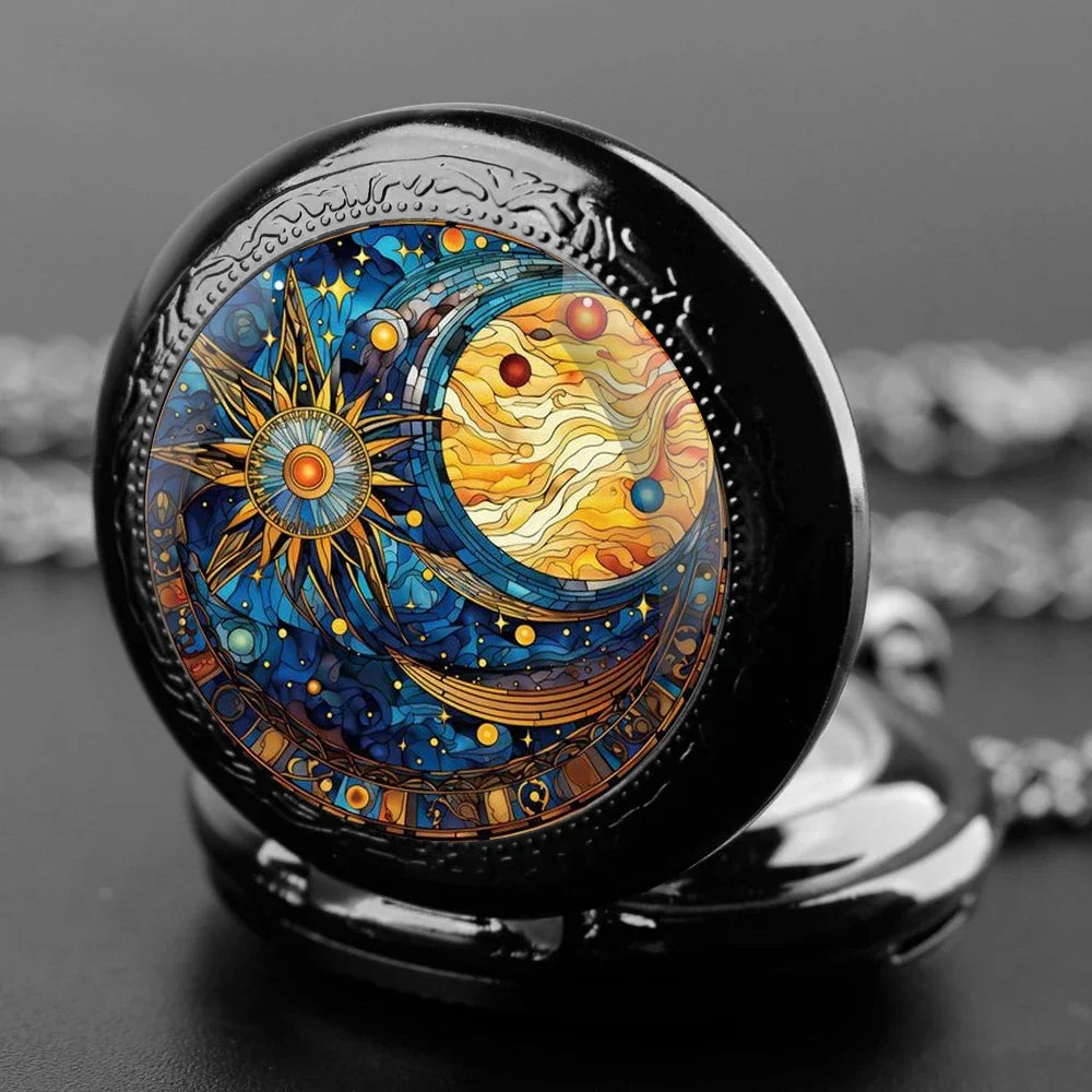 Vintage Sun and Moon Pendant Glass Dome Pocket Watch Souvenir Chain Clock Arabic Numerals with Personality Gift for Women Men