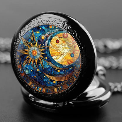Vintage Sun and Moon Pendant Glass Dome Pocket Watch Souvenir Chain Clock Arabic Numerals with Personality Gift for Women Men