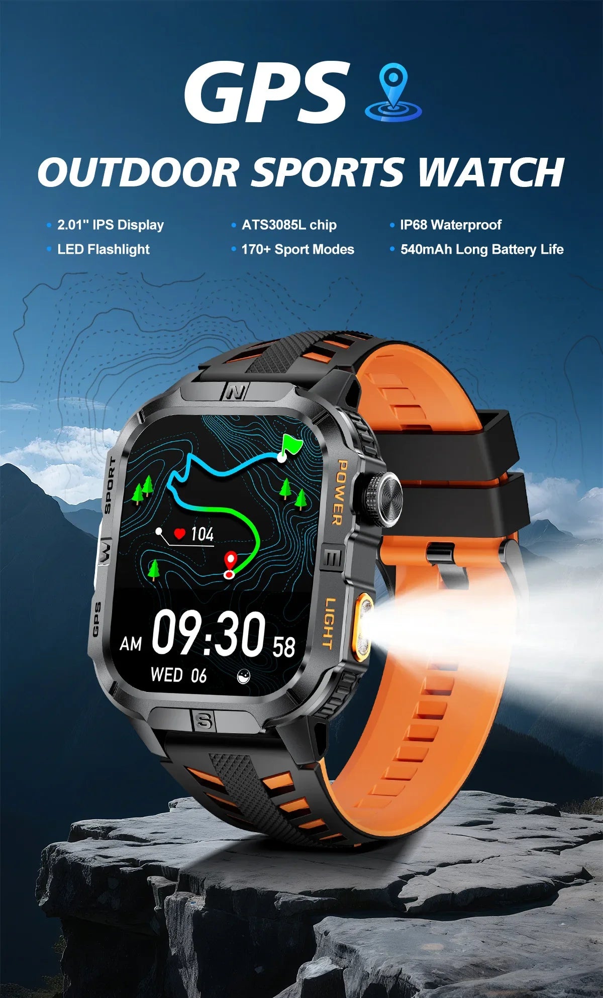 New Outdoor Military Men Smartwatch Equipped With GPS Sports LED Lighting, Compass, Wireless Communication IP68 Waterproof Watch