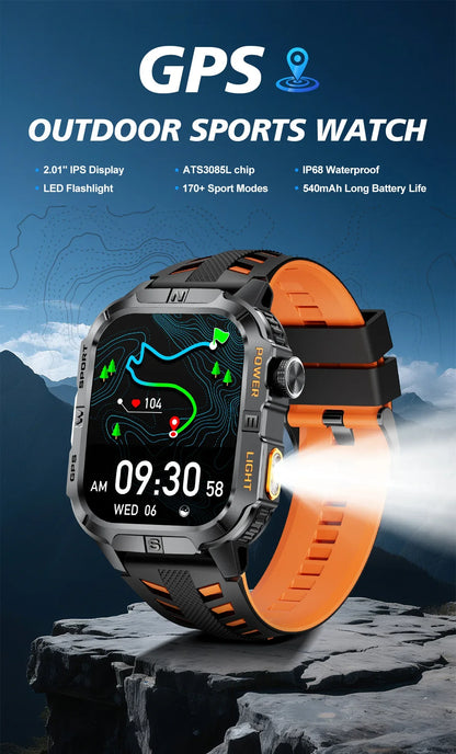 New Outdoor Military Men Smartwatch Equipped With GPS Sports LED Lighting, Compass, Wireless Communication IP68 Waterproof Watch