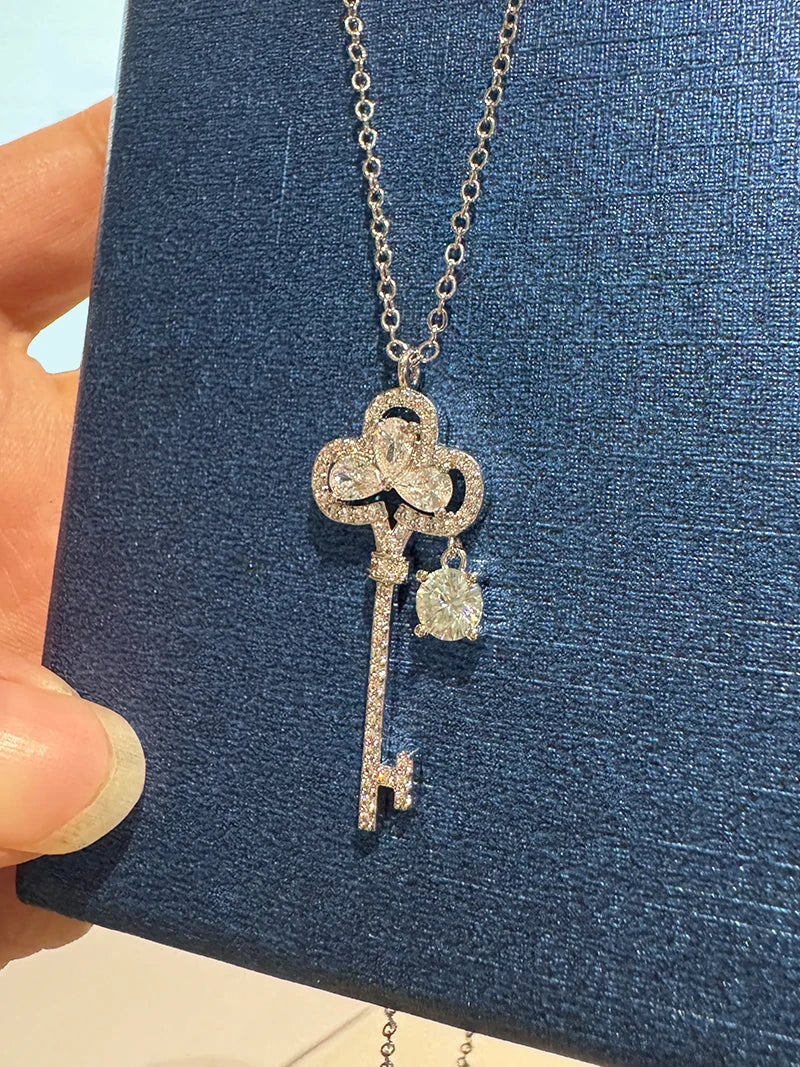 OXTAO Brilliant Moissanite Big Key Pendant for Women D VVS1 Clavicle Chain Flower Necklace Anniversary Jewelry 14K Gold Filled