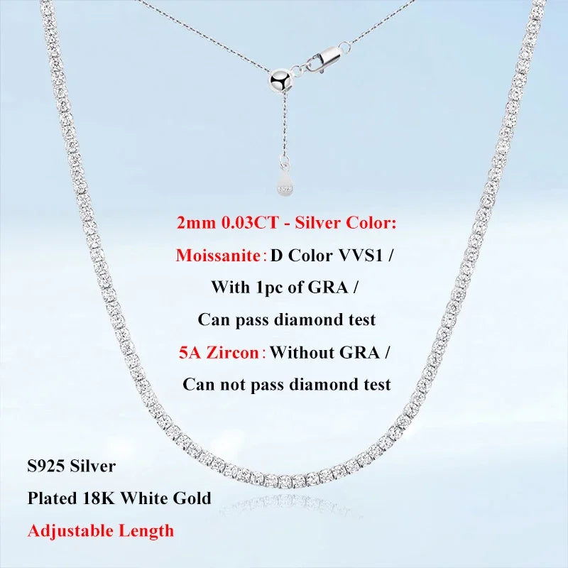 EWYA Adjustable Full 2mm 0.03CT D Color Moissanite Tennis Necklace for Women 925 Silver Plated 18K Gold Choker Neck Chain Gift