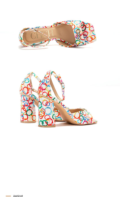 2024 Fashion High Heels Women's Luxury Design Sandals Metallic Flower Square Toe Fine Heel Party Dress Shoes High Heels