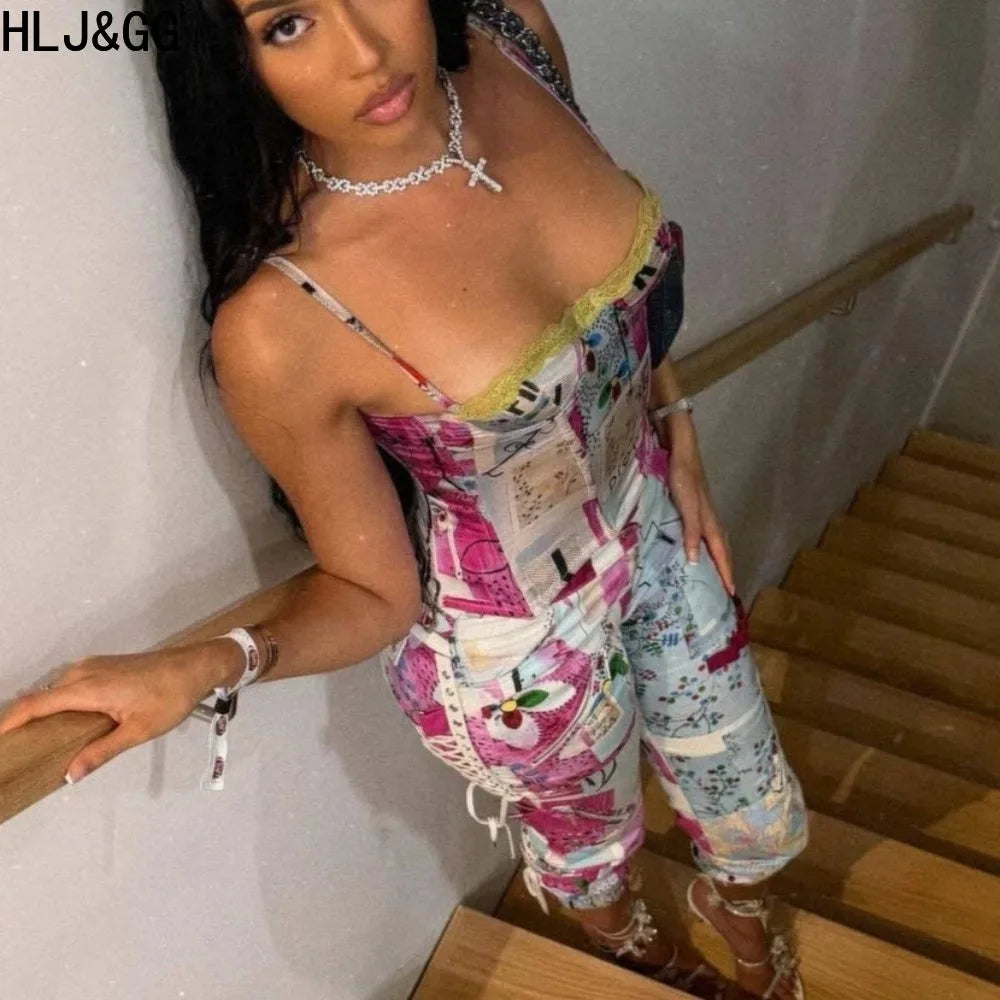 HLJ&GG Sexy Hot Graffiti Bandage Skinny Pants Two Piece Sets Women Spaghetti Strap Lace Splice Crop Top And Pants Streetwear