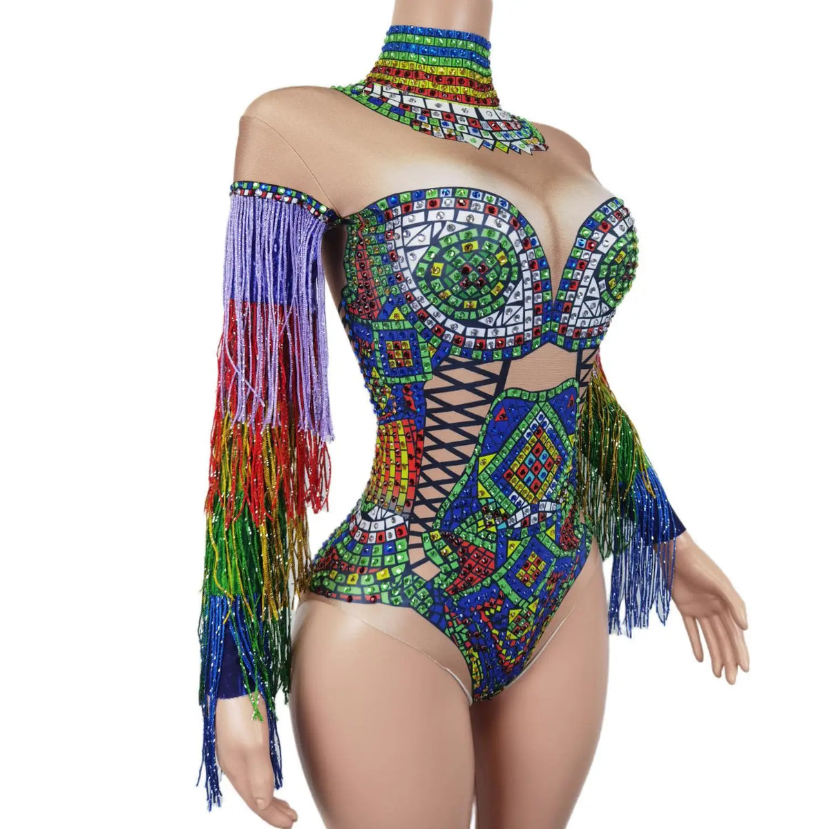 Sparkly Colorful Rhinestone Tassels Sleeves Jumpsuits Women Carnival Party Dance Costume Female Rompers Show One Piece Bodysuit