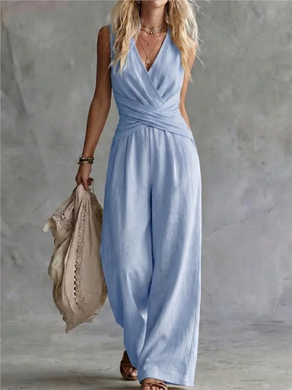 Fashion Light Blue Wide Leg Pants Jumpsuit Women's V-neck Sleeveless Cross Wrap Waist Design Rompers Summer Casual Jumpsuits