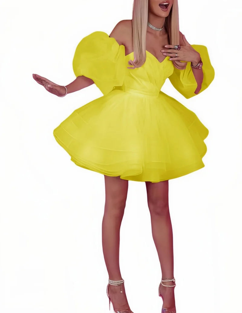 Satin and Tulle Off Shoulder Party Prom Dresses Sweetheart Short Homecoming Dress A-Line Bubble Sleeves Ball Gowns