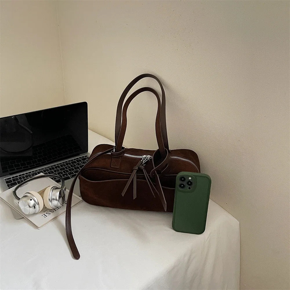 2026 Autumn Winter Latest Commute Shoulder Bags For Women PU Suede Pure Color Large Capacity Boston Bag Luxury Designer Handbags