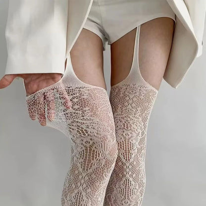 Korean INS Hollowed Lace Mesh Stockings Women Pantyhose Hot Tights Japanese Lolita Retro Floral Rattan Black White Long Socks