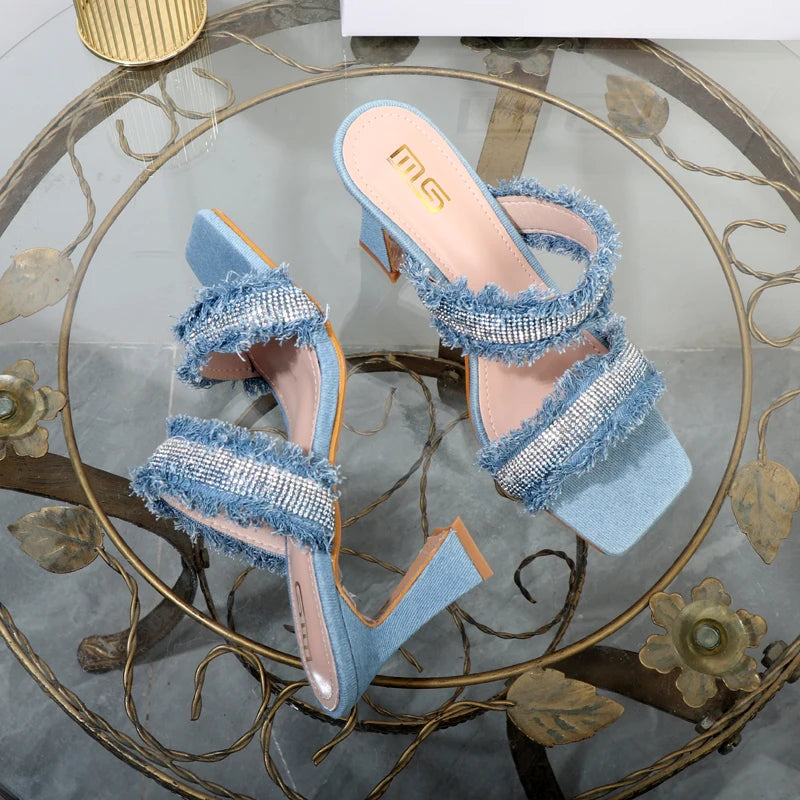 Denim women slippers 2025 new rhinestone plush stiletto heels women outdoor fashion women's slippers Luxury elegant women shoes