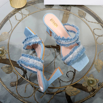 Denim women slippers 2025 new rhinestone plush stiletto heels women outdoor fashion women's slippers Luxury elegant women shoes