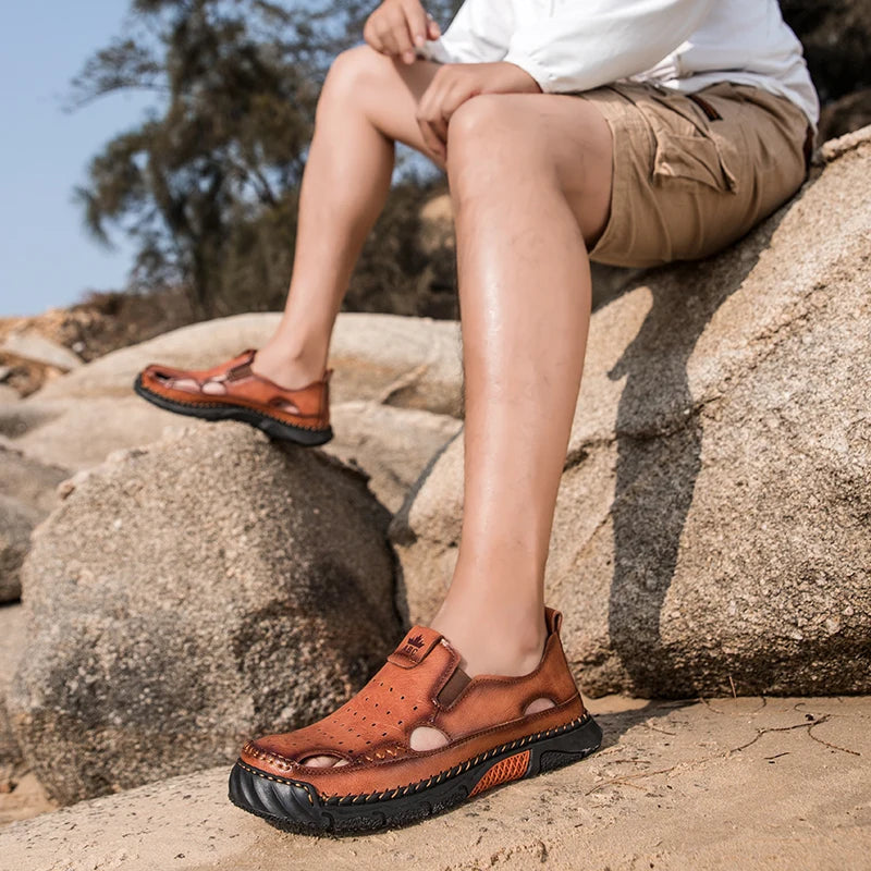 Mens Sandals New Comfortable Slip-on Casual Footwear Plus Size Elastic Soft Sole Lightweight Handmade Leather Walking Sandals