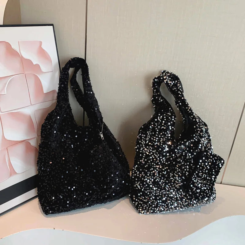 Tote Bag for Women Sequin Shoulder Bag Trendy Hobo Bag Luxury Designer Handbag Slouchy Underarm Bag for Work Travel Shopping