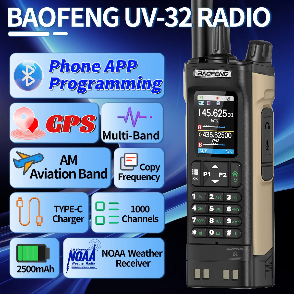 Baofeng UV-32 Walkie Talkie GPS 10W Wireless Bluetooth APP Programming Air Band Type-C NOAA for UV-5R Amateur Two Way Ham Radio