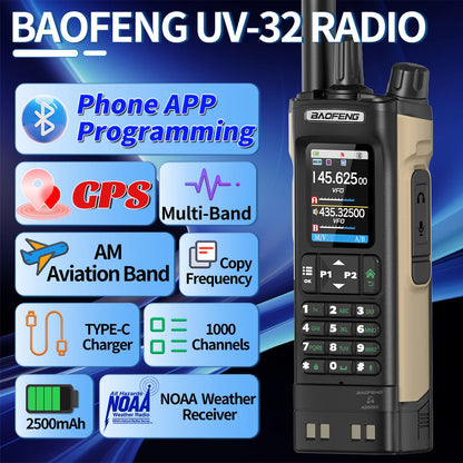 Baofeng UV-32 Walkie Talkie GPS 10W Wireless Bluetooth APP Programming Air Band Type-C NOAA for UV-5R Amateur Two Way Ham Radio
