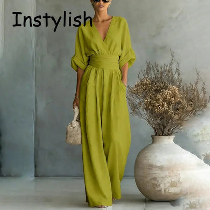 Women Elegant Linen V Neck Short Sleeve Jumpsuit Waist Cinched Wide Leg Long Pants Rompers with Pockets Casual Ladies Overalls