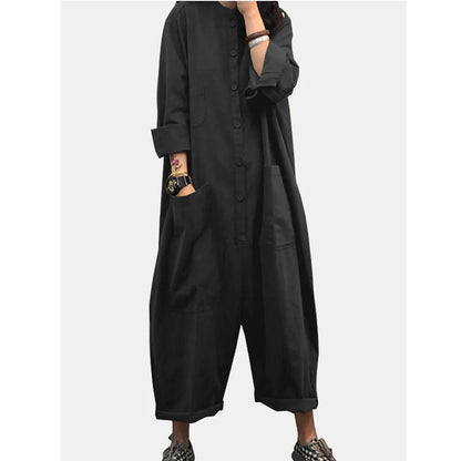 Women Jumpsuit 2024 Female Oversized Romper Autumn Loose Pockets Overalls Casual Solid Stand Collar Bottom