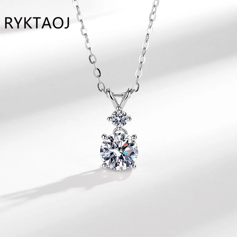 925 Sterling Silver Bowknot Moissanite Pendant Necklace for Women Round 2 Stone Solitaire Necklace Wedding Party Jewelry Gift