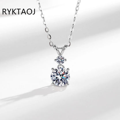 925 Sterling Silver Bowknot Moissanite Pendant Necklace for Women Round 2 Stone Solitaire Necklace Wedding Party Jewelry Gift