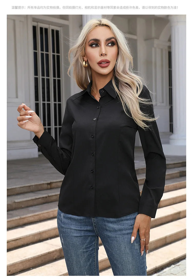 Women Elegant Solid Button Shirt Chiffon Blouse Spring Summer Casual Solid Long Sleeve Turn Down Collar Tunics OL Shirt Tops