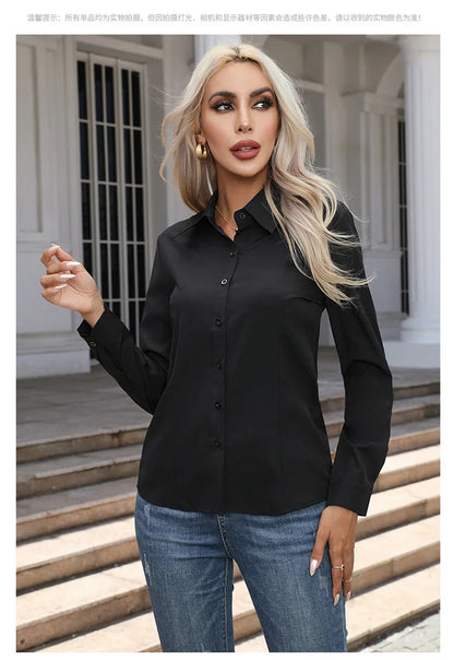 Women Elegant Solid Button Shirt Chiffon Blouse Spring Summer Casual Solid Long Sleeve Turn Down Collar Tunics OL Shirt Tops