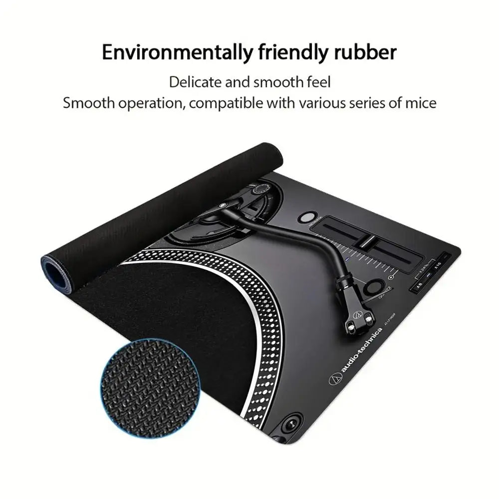 Retro Vinyl Turntable DJ Design Extended Mouse Pad Non‑Slip Rubber Base Tech Style Large Gaming Desk Table Play Mat PC Laptop
