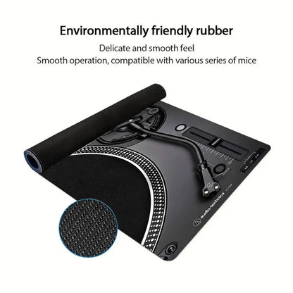 Retro Vinyl Turntable DJ Design Extended Mouse Pad Non‑Slip Rubber Base Tech Style Large Gaming Desk Table Play Mat PC Laptop