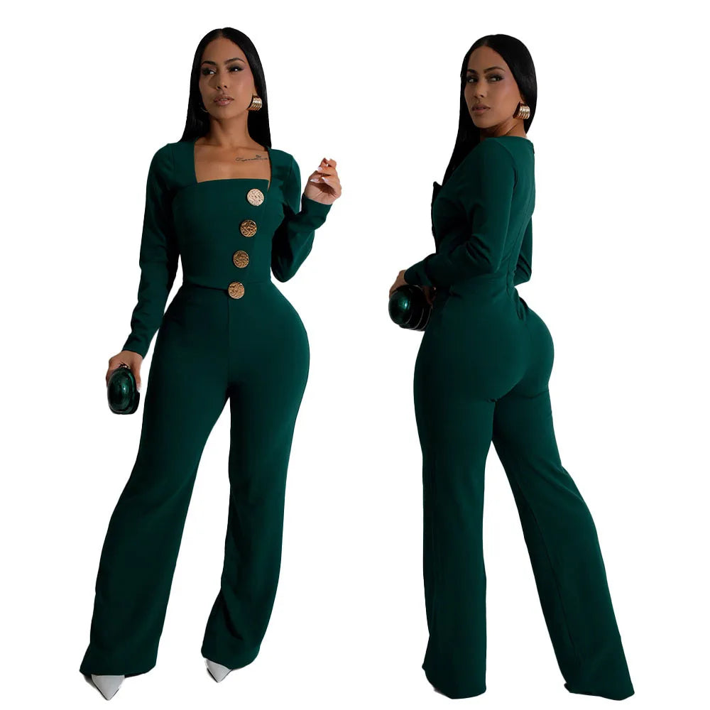CM.YAYA Elegant Button Long Sleeve Irregular Girl Jumpsuits 2025 Spring Women's Overalls Outfits Night Club Streetwear One Piece