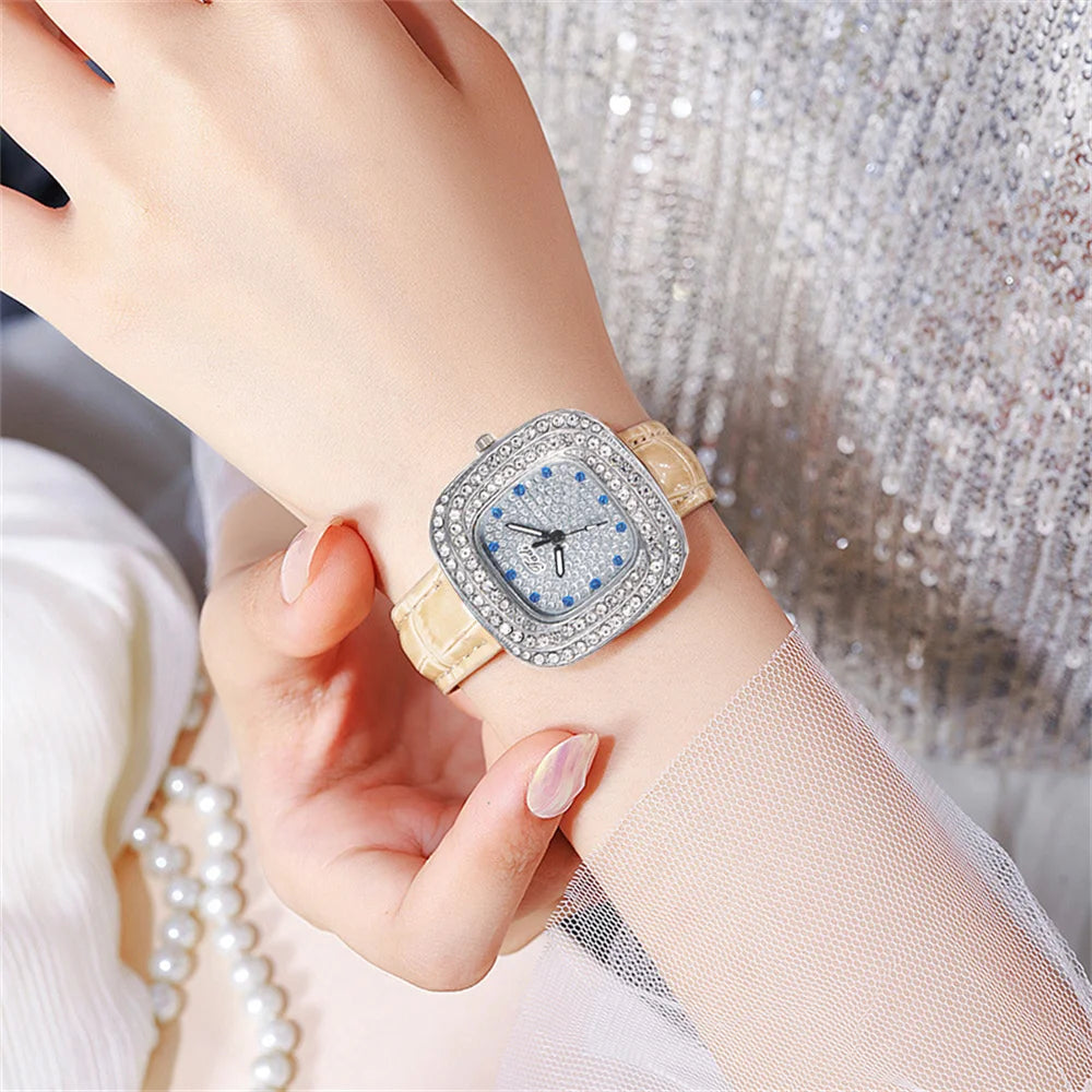 Women's 2025 New Luxury Full Star Diamonds Square Quartz Watch Business Women's Green Leather Casual Dress Clock Wristwatch