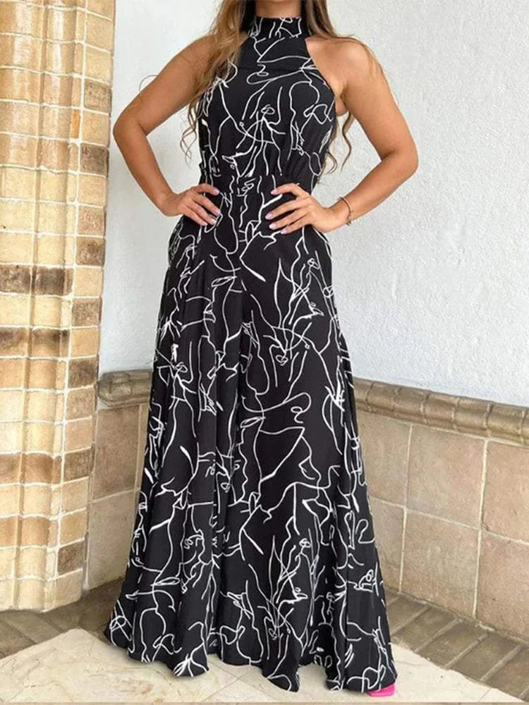 Summer European and American women's wear with elegant waist-cinching sash-tie sleeveless off-shoulder long pants printed jumps