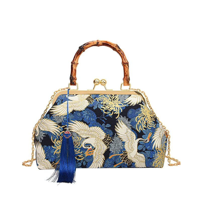 Designer Bamboo Handle Handbag Retro Embroidery Women Evening Bag High-end Nylon Crossbody Bag Luxury Lady Shoulder Bags Satchel