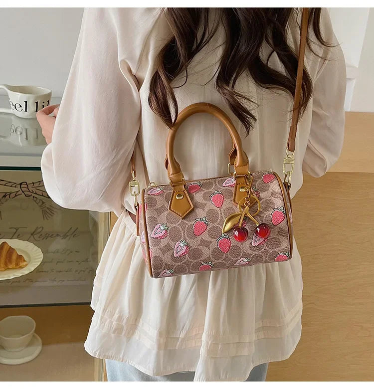 2026 Luxury Designers Crossbody Bags Cherry Pattern PU Leather Boston Handbag Shoulder Bags Bolsos Mujer Bags Woman Tote Bag