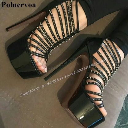 Stylish Black Platform Strappy Rivet Sandals Thin High Heel Women Shoes Back Zipper Open Toe 2025 Fashion Zapatos Para Mujere