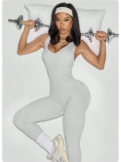 ZHEJIN Leopard Jumpsuit Women Backless Criss Cross Seamless Yoga Romper Scrunch Butt Lifting Workout Bodysuit Gym Fitness Wear