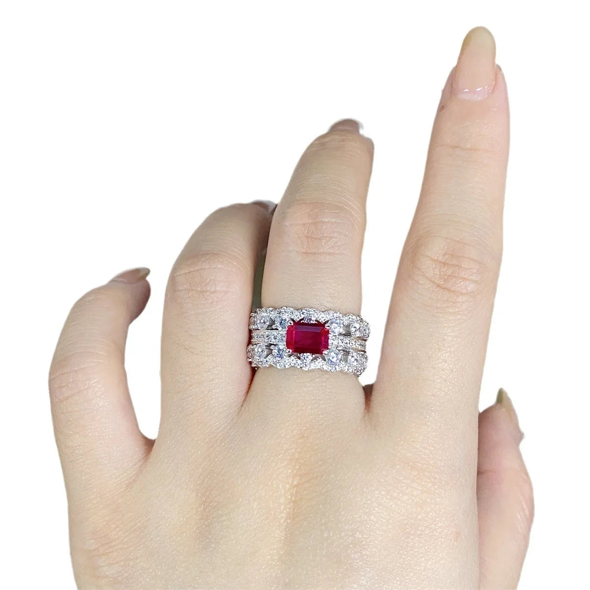 High-end women's 18K white gold and platinum PT950 lace ring women's ruby   red corundum emerald cut diamond ring