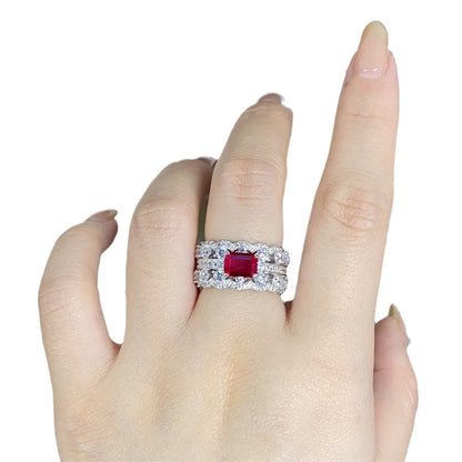 High-end women's 18K white gold and platinum PT950 lace ring women's ruby   red corundum emerald cut diamond ring