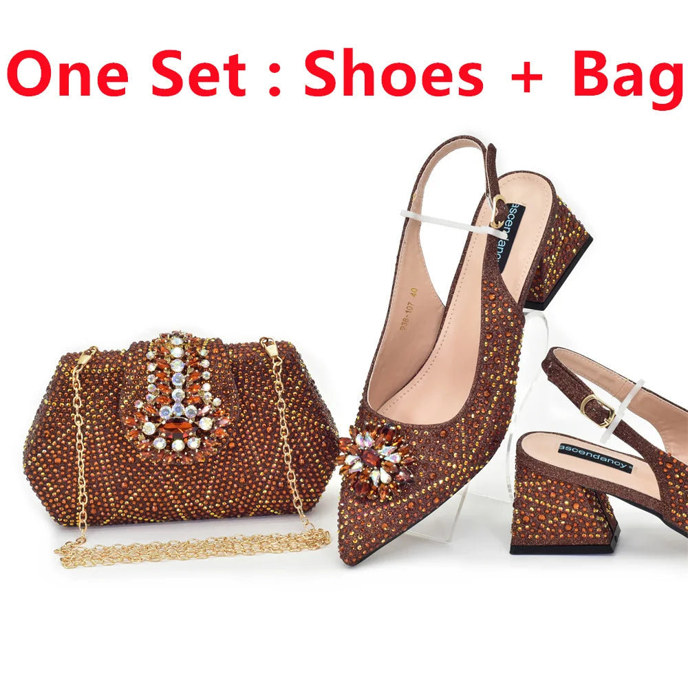 New Fashion Italian Design Rhinestone Pointed-Toe High Heel Shoes & Matching Bag Set Shoe and Bag Set for Nigeria Party Italy