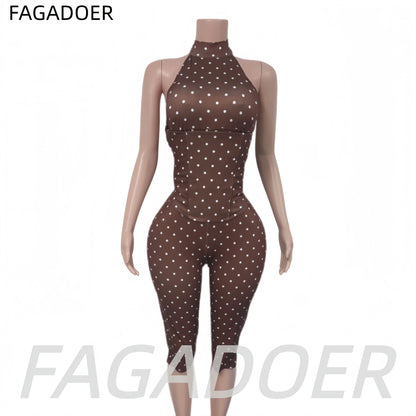FAGADOER Cute Polka Dot Bodycon Rompers Hot Girl Streetwear Lace Up Bandage Corset Halter Jumpsuits Summer Night Club Playsuits