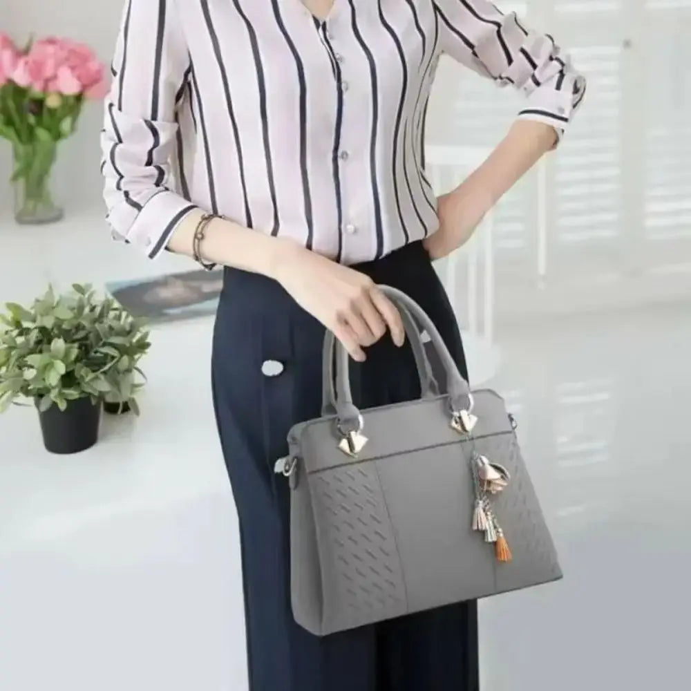Casual PU Leather Shoulder Bags with Pendant Solid Color Ladies Handbags Large Capacity Embossed Crossbody Bag