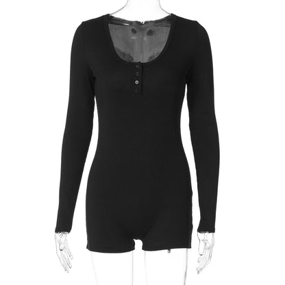 Hugcitar Spring Ribbed Solid Square Collar Long Sleeve Buttons Sexy Bodycon Skinny Playsuit Women Casual Romper Streetwear Sport