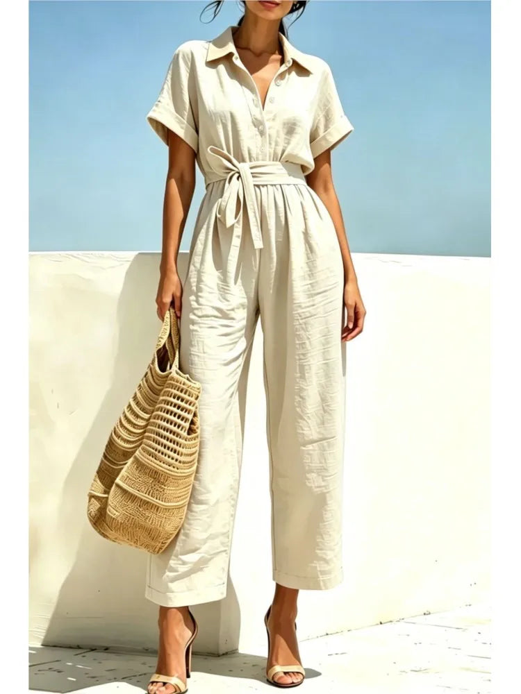2026 Women's Shirts And Jumpsuits Fashion V-neck Lace Up Wide Legs Summer Casual Resort Female Short Sleeve Rompers Shirts Pants