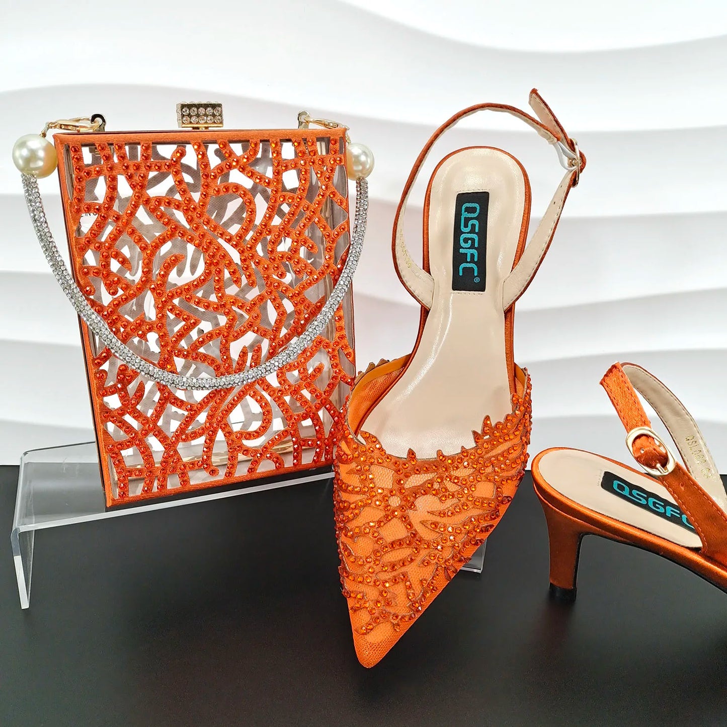 Nigerian Style Elegant Women's Party Shoes  Luxury Full of Diamonds Shoes Sky Blue Pointed High Heel Shoe Bag Set