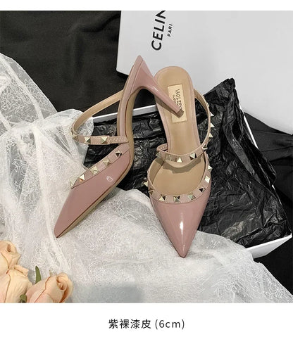 Heeled Sandals Summer Luxury Brand Rivets Women Slippers Fashion Leather Slingbacks Heels Slippers Designer Party Prom Shoes