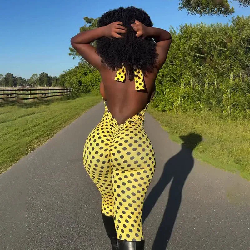 FAGADOER Fashion Color Dot Printing Bodycon Jumpsuits Woman Halter Sleeveless Backless Rompers Female Streetwear Overalls 2026