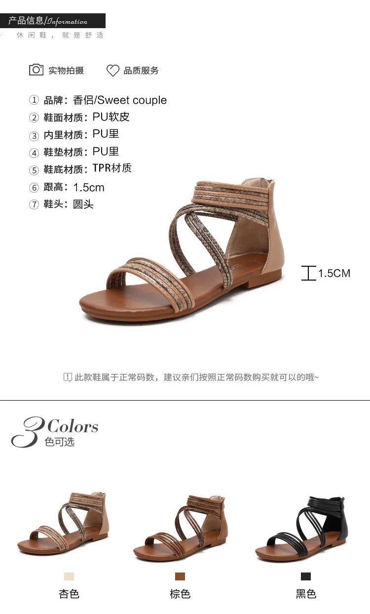 High quality leather flat sandals for women stripe zipper new summer 2026 36 42 open toe casual beach shoe black khaki brown