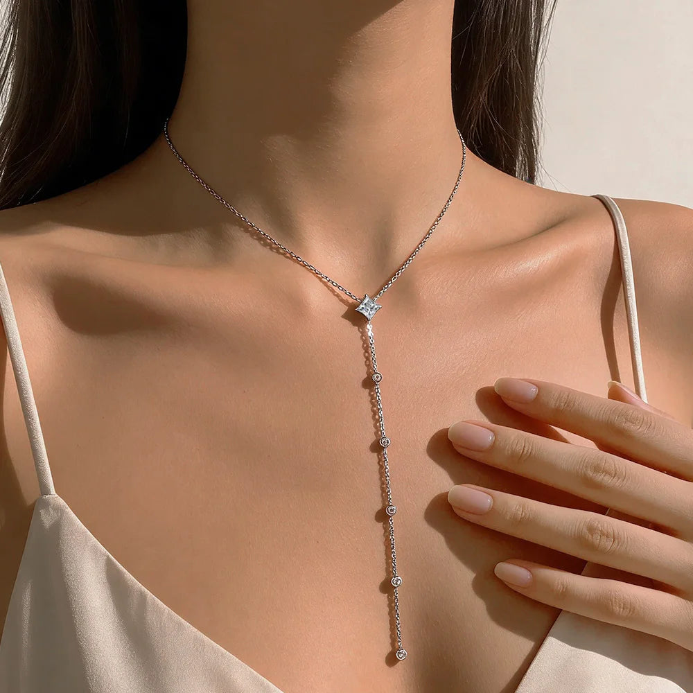 EWYA Y-Style 1CT Princess Cut Certified Moissanite Pendant Necklace Women S925 Silver All Diamond Dainty Tassel Neck Chain Gift